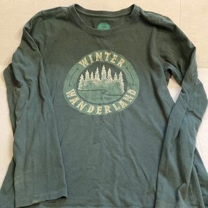 Women's Life is Good long sleeve tee, color is green, size is small